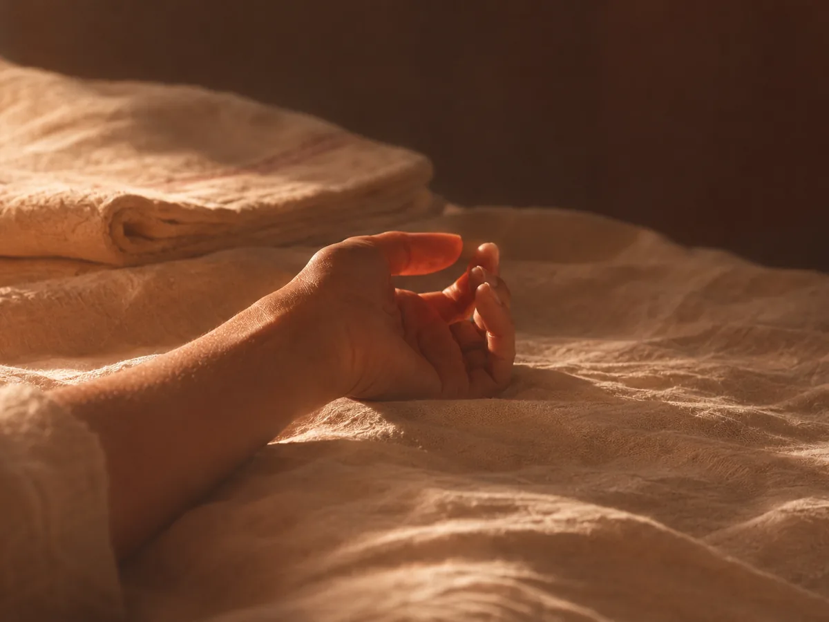 A hand resting open on rumpled cream linen in the last of the afternoon light.