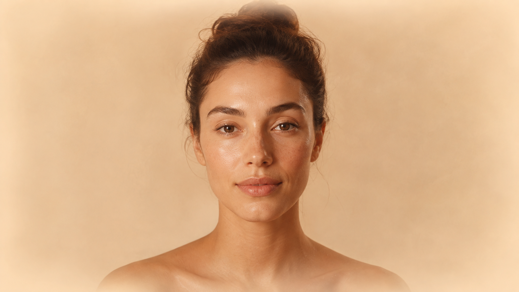 A young woman with her hair gathered in a high bun, facing forward in soft warm light.