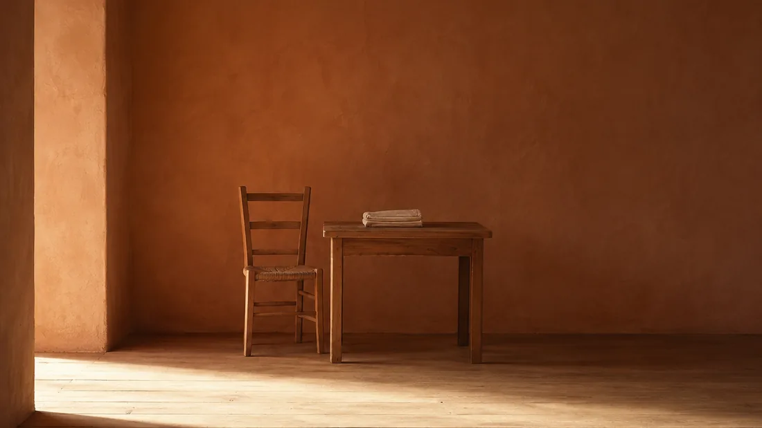 An empty warm room at the end of the day: a wooden chair and table with a folded cloth, light sliding across the floor.