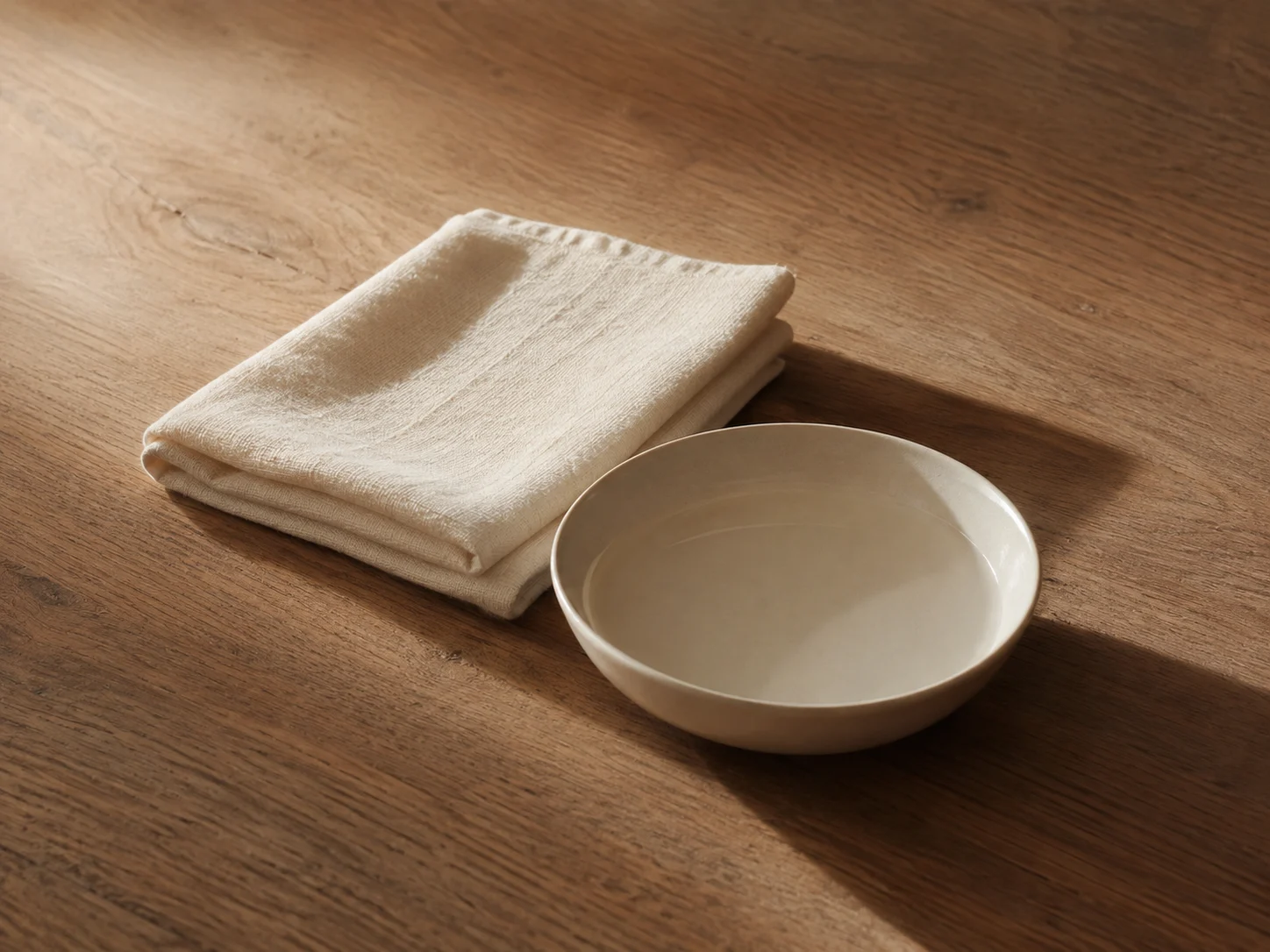 A folded cloth and a small bowl of water set out the same way on a wooden table each morning.
