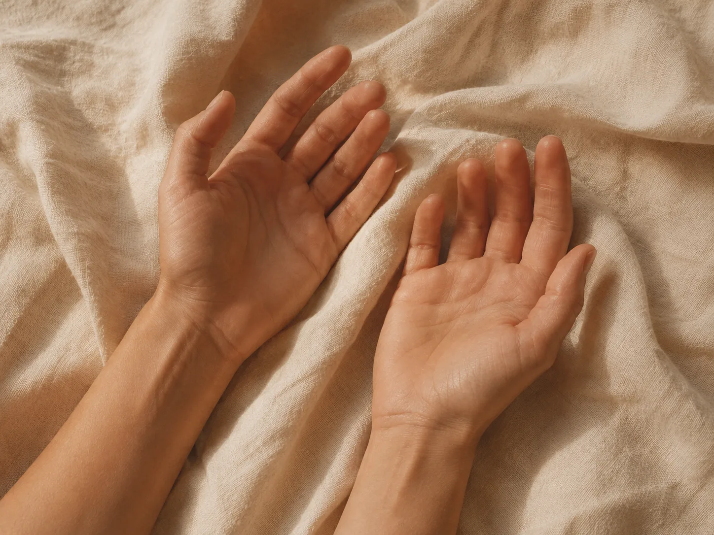 Two open hands resting on rumpled cream linen in soft, low light.