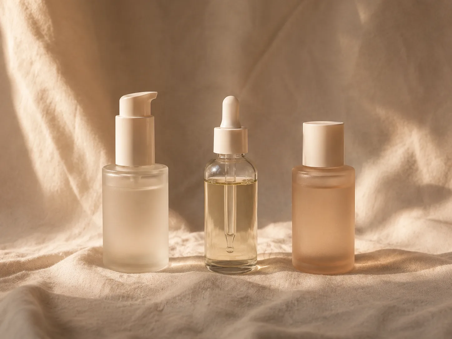 Three plain glass bottles standing in a row on a cream linen cloth, unlabelled.