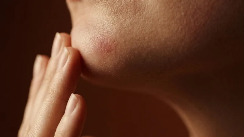 Fingertips resting against a jawline in warm, low window light.