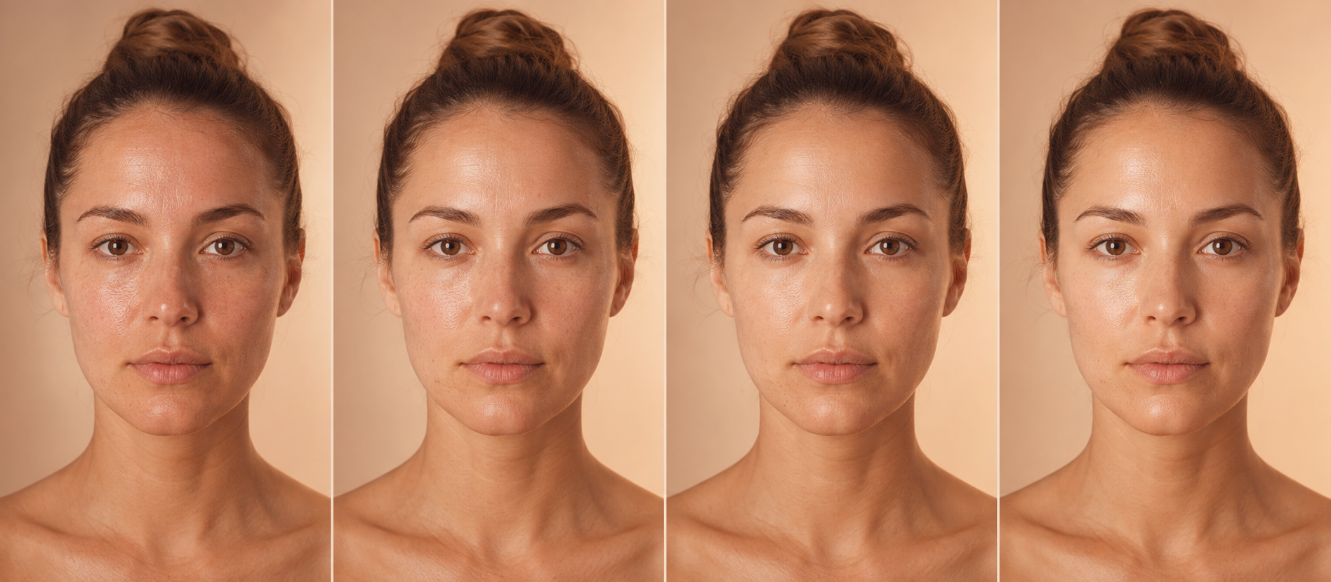 The same face photographed at two-week intervals. The control below chooses which of the four check-ins is shown.