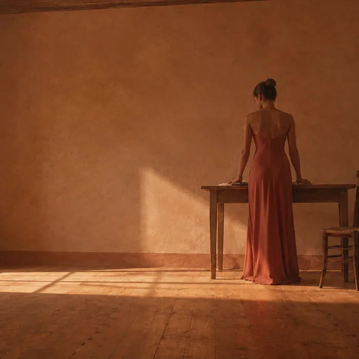 A woman standing at a table in a warm, near-empty room, seen from behind.
