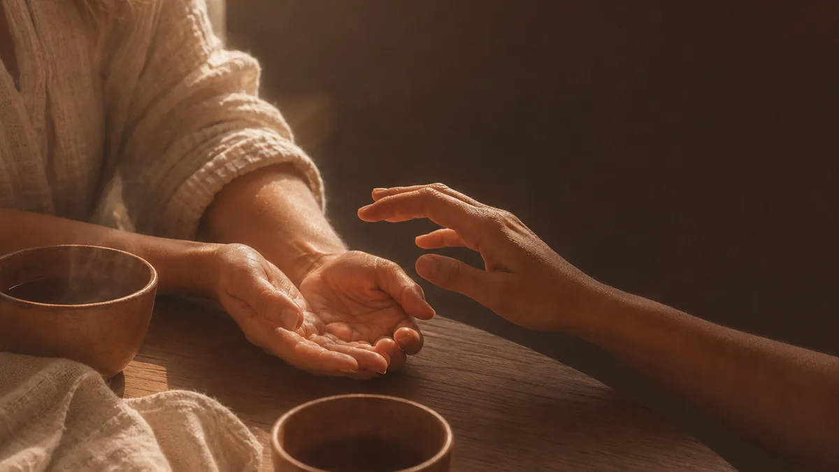 Two people’s hands meeting across a wooden table, plain cups of tea beside them.